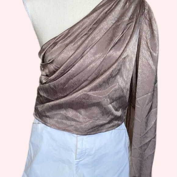 NWT Fiestar One Shoulder Top Side Zip Ruched Detail Shimmering Mauve Size Large - Picture 6 of 14